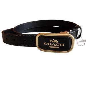 Coach Morgan Croc Embossed Logo Leather Belt Black Gold